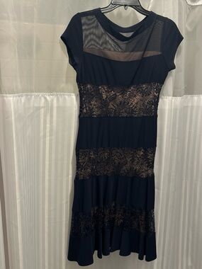 Women's navy Lace-Panel Midi Dress with Mesh Yoke